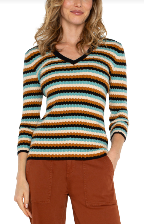 3/4 sleeve v neck sweater ocean multistrp