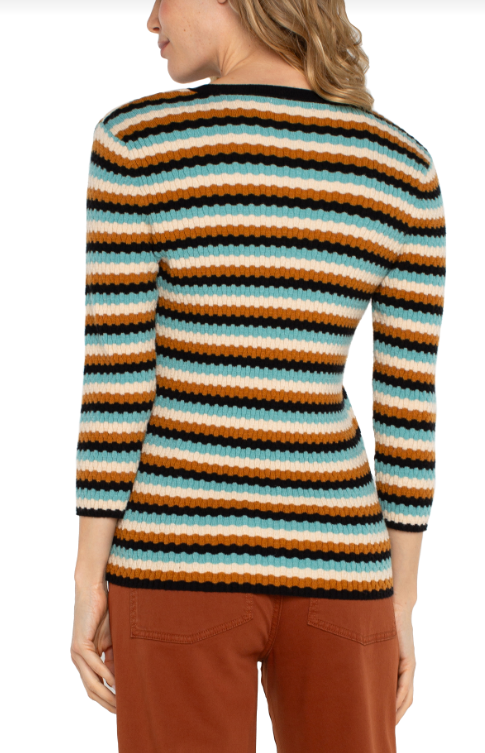 3/4 sleeve v neck sweater ocean multistrp