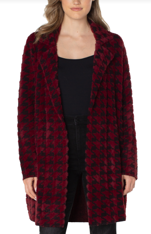 ls open front sweater coat houndstooth burgundy