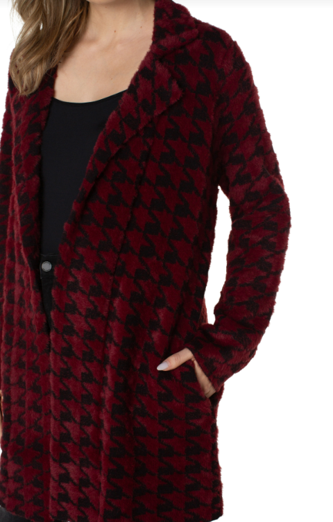 ls open front sweater coat houndstooth burgundy