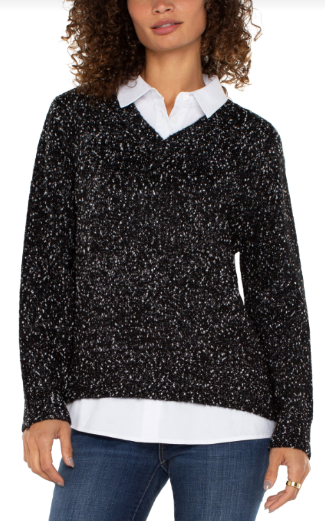 ls 2fer collared sweater blk w wht flks