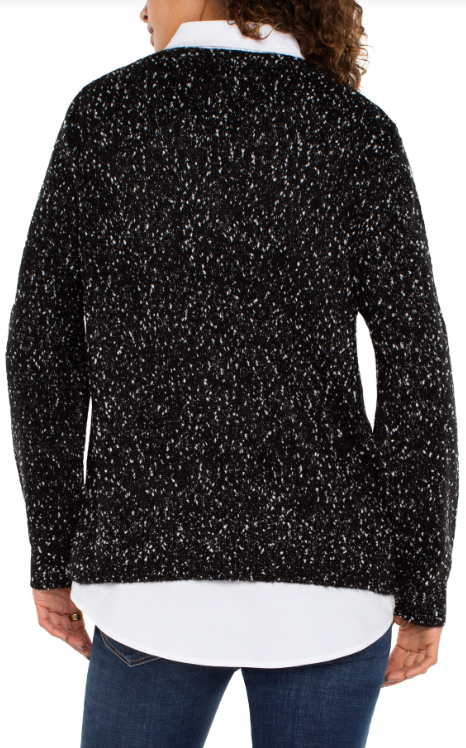 ls 2fer collared sweater blk w wht flks