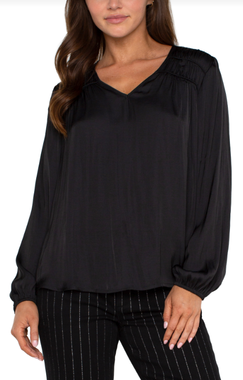 long sleeve vneck woven blouse black