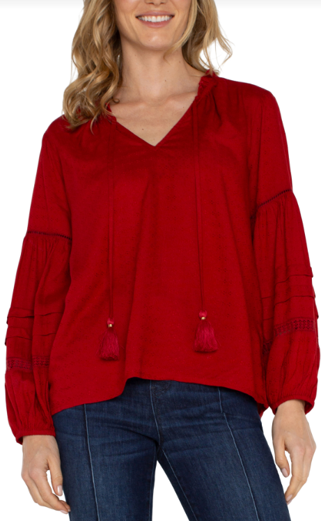 tie front popover shirred blouse