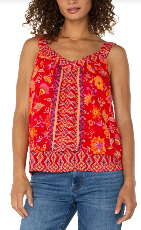 sleeveless v neck woven tank w smocking