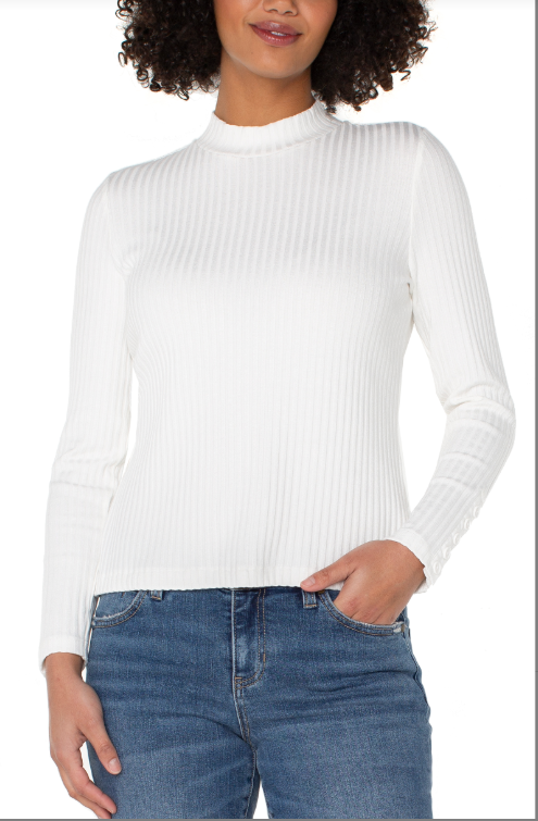 long slv mock neck knit top w/ button detail snow