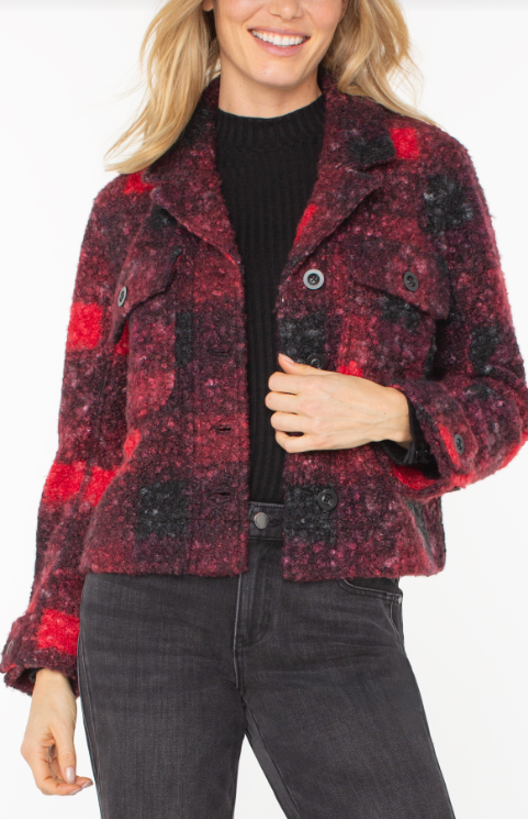 button front boxy shacket rd/blk bf ch sh