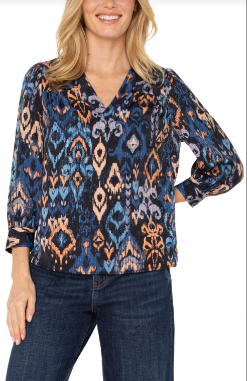 3/4 slv v neck popover woven blouse blue mulit ikat