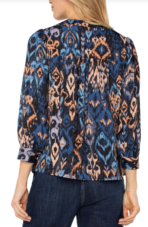 3/4 slv v neck popover woven blouse blue mulit ikat