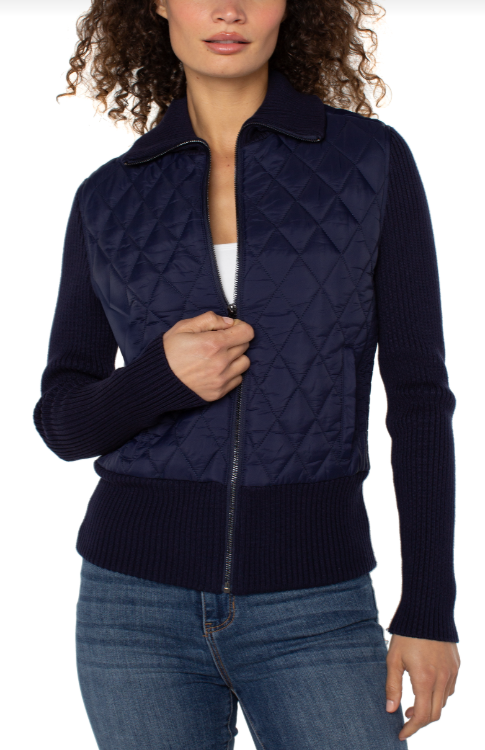 long slv zip front sweater woven jacket