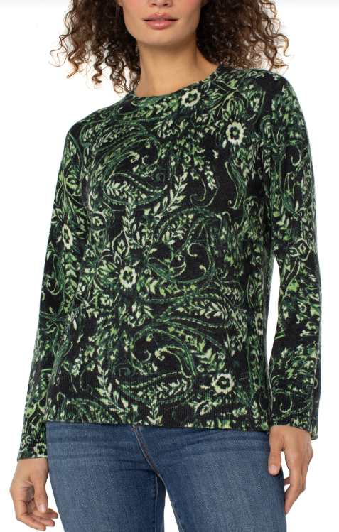 long slv printed raglan sweater w/side slit