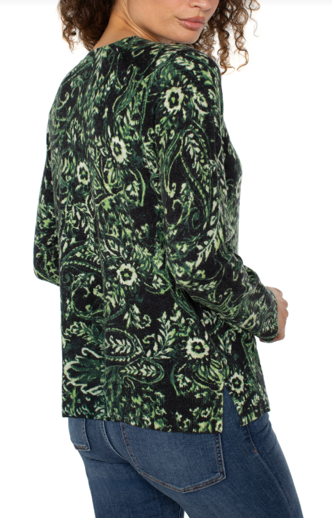 long slv printed raglan sweater w/side slit