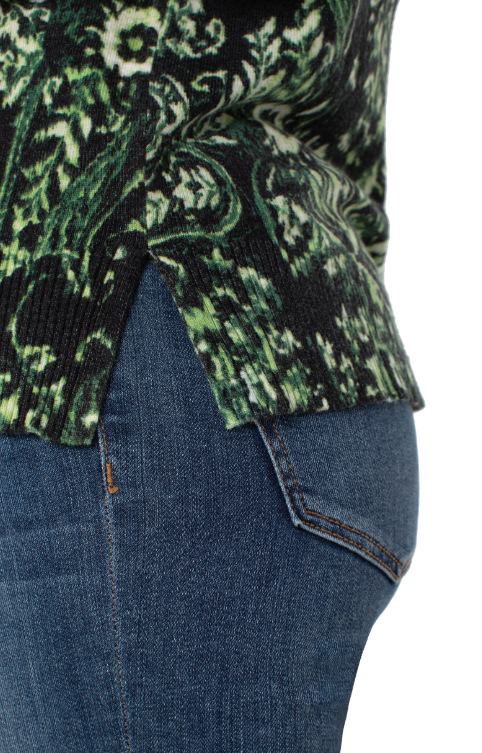 long slv printed raglan sweater w/side slit