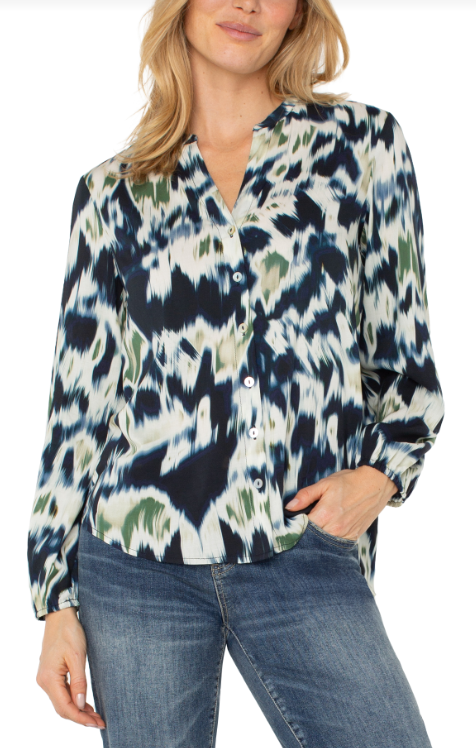 long slv button front shirred woven blouse