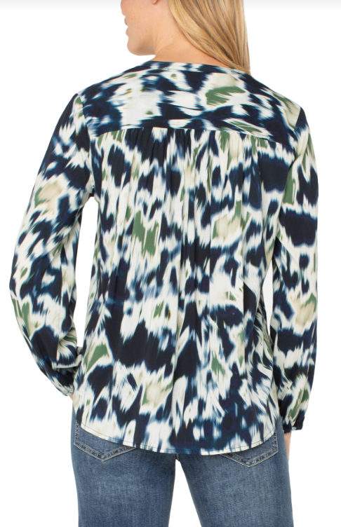 long slv button front shirred woven blouse