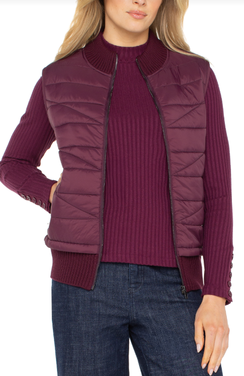 slvless quilted front zip sweater vest wine berry