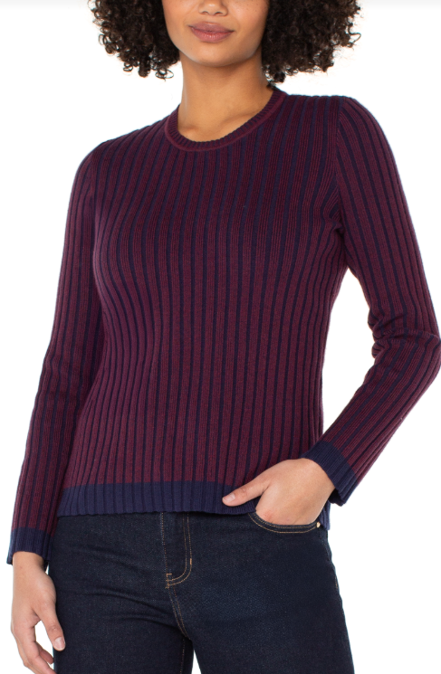 long slv crew neck ribbed sweater cabernet red/nvy