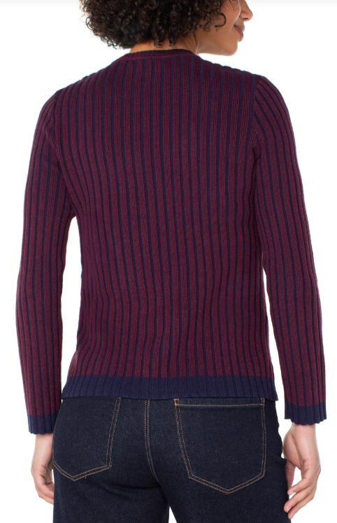 long slv crew neck ribbed sweater cabernet red/nvy