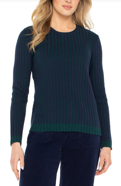 long slv crew neck ribbed sweater navy/emerald