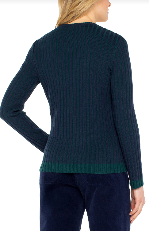 long slv crew neck ribbed sweater navy/emerald