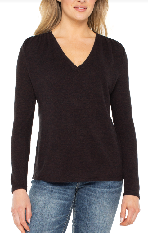 long slv vneck knit top shirring java melange