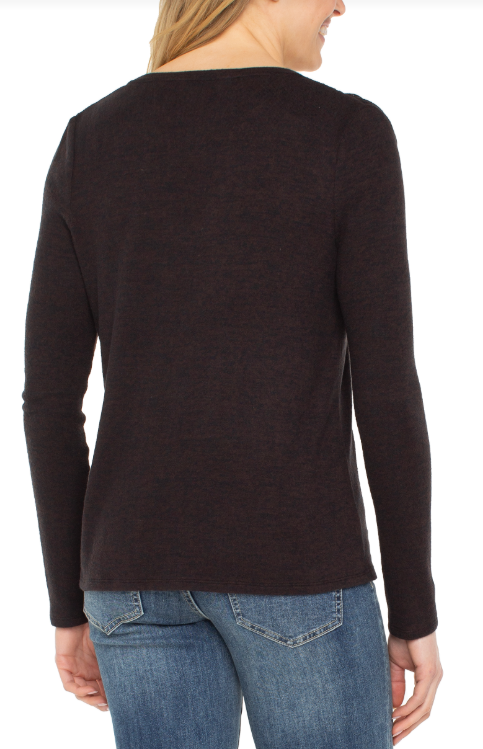 long slv vneck knit top shirring java melange