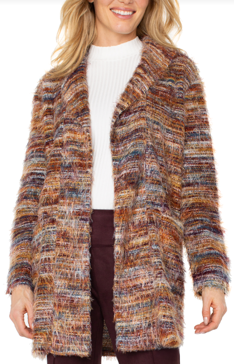 long slv open front cardigan mlt feather knit