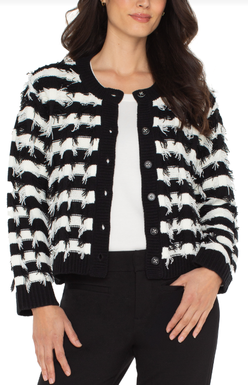 long slv cardigan sweater blk wht frg str