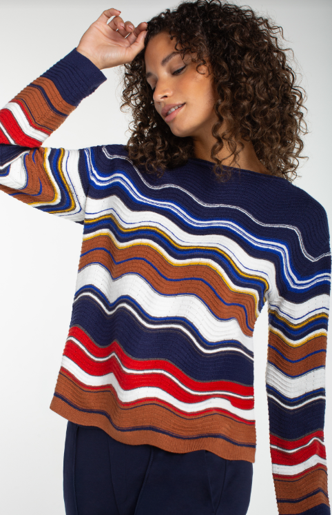 long slv boat neck scallop hem sweater nvy.brw/mlt stp