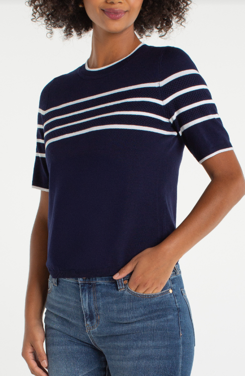 short sleeve crew neck sweater navy/wht stripe