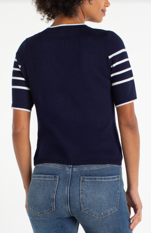 short sleeve crew neck sweater navy/wht stripe