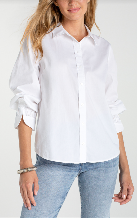 adjustable slv button front woven top white