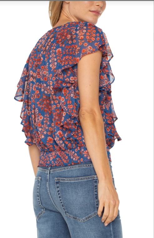 short ruffle sleeve draped front woven blouse