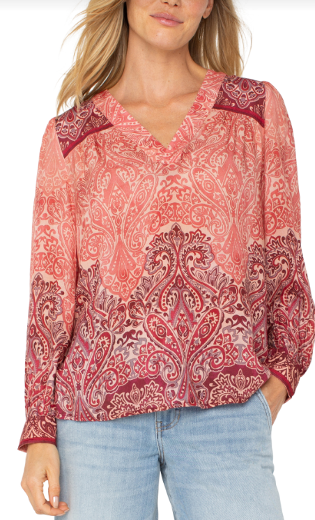 long sleeve vneck popover woven blouse