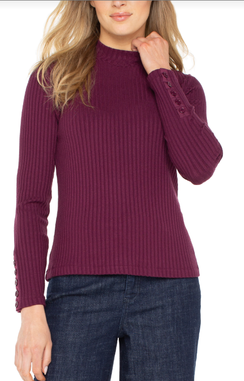 long slv mock neck knit top w/ button detail wine berry