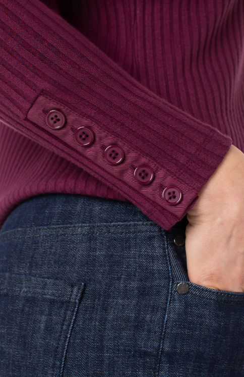 long slv mock neck knit top w/ button detail wine berry