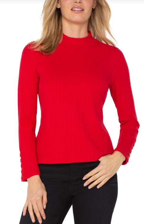 long slv mock neck knit top w/ button detail tango red