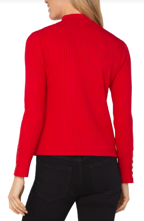 long slv mock neck knit top w/ button detail tango red