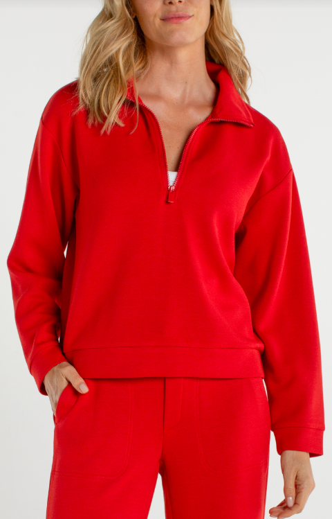 half zip popover long sleeve top fire brick