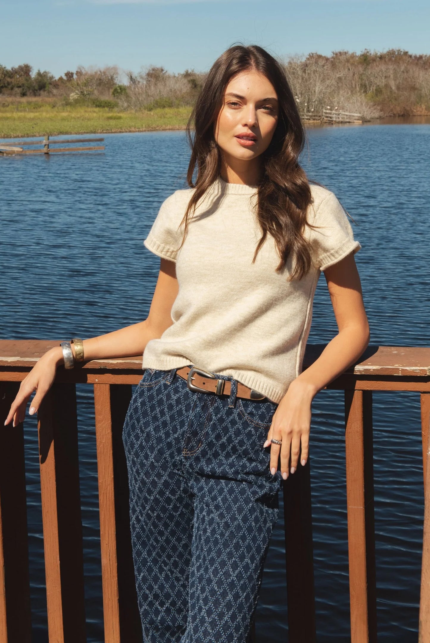 Elan Short Sleeve Crew Neck Sweater - Stone