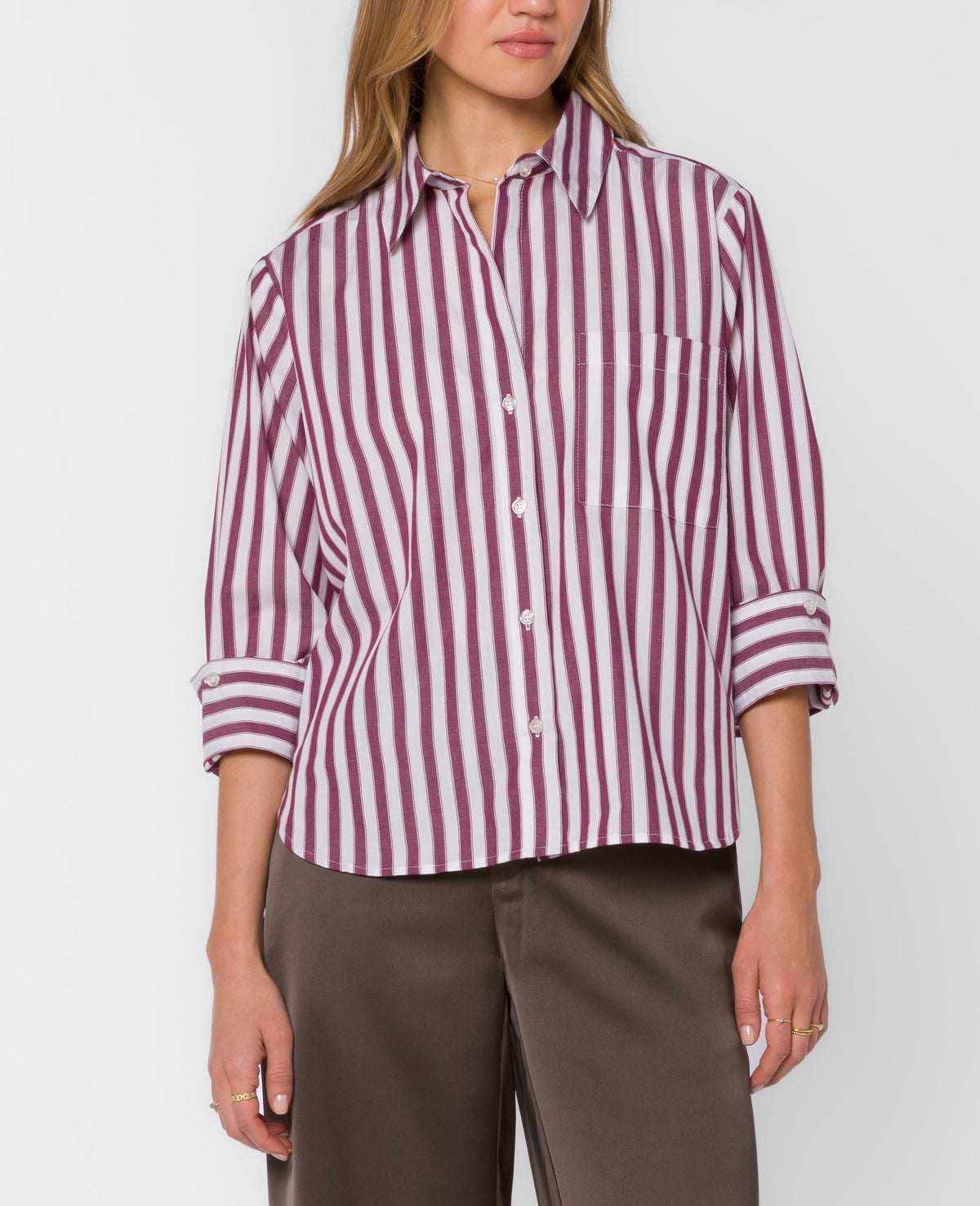 Valencia Long Sleeve Poplin Top - Prune Stripe