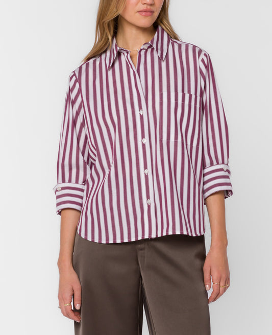 Valencia Long Sleeve Poplin Top - Prune Stripe