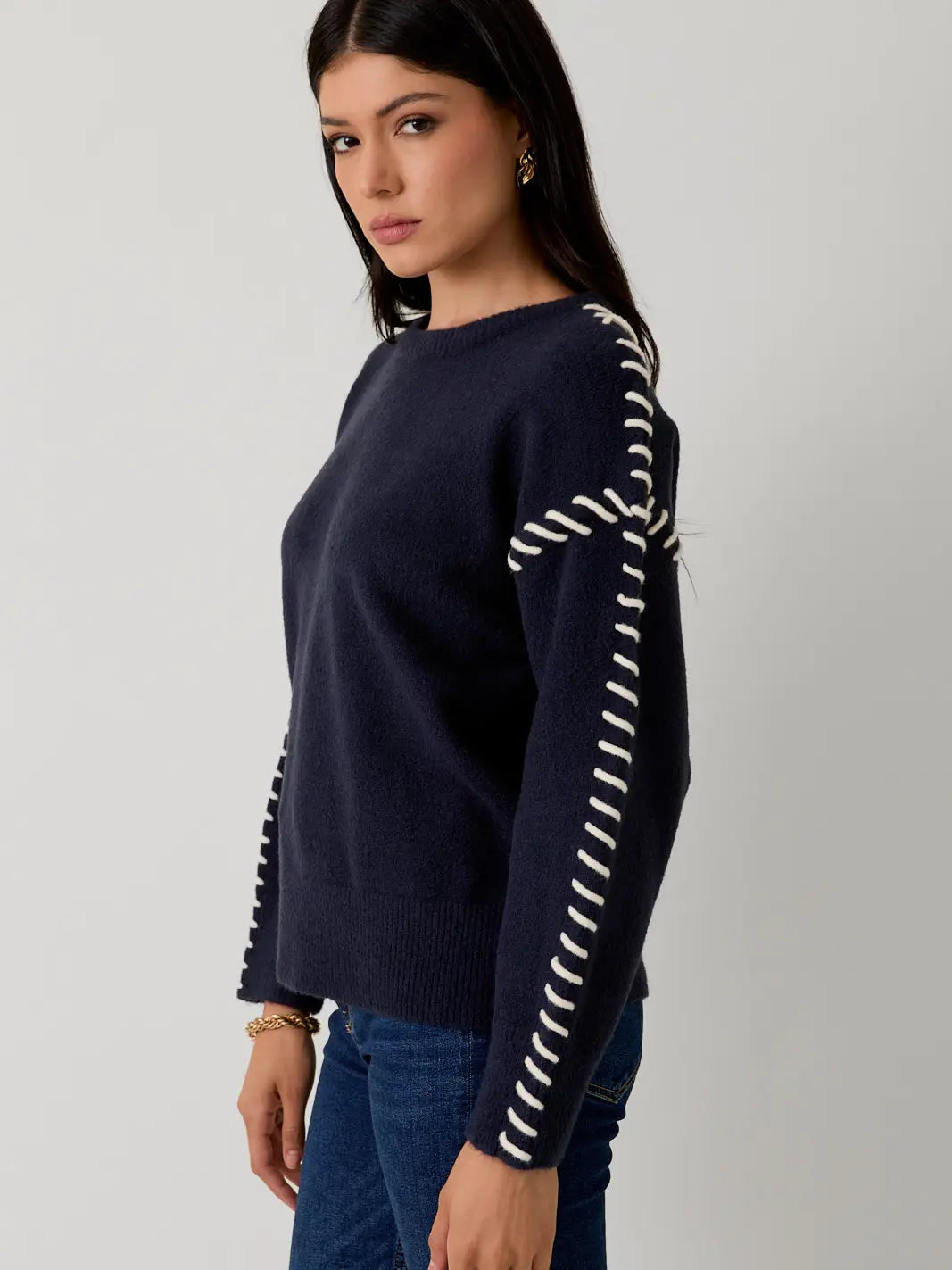 MWT20087 Crew Neck LS Stitch Detail Sweater Top Navy