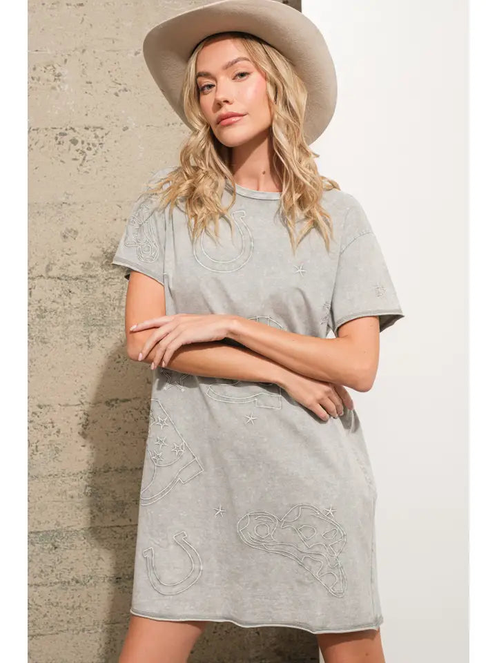 22764D Garment Washed Crew Neck Shirt Dress