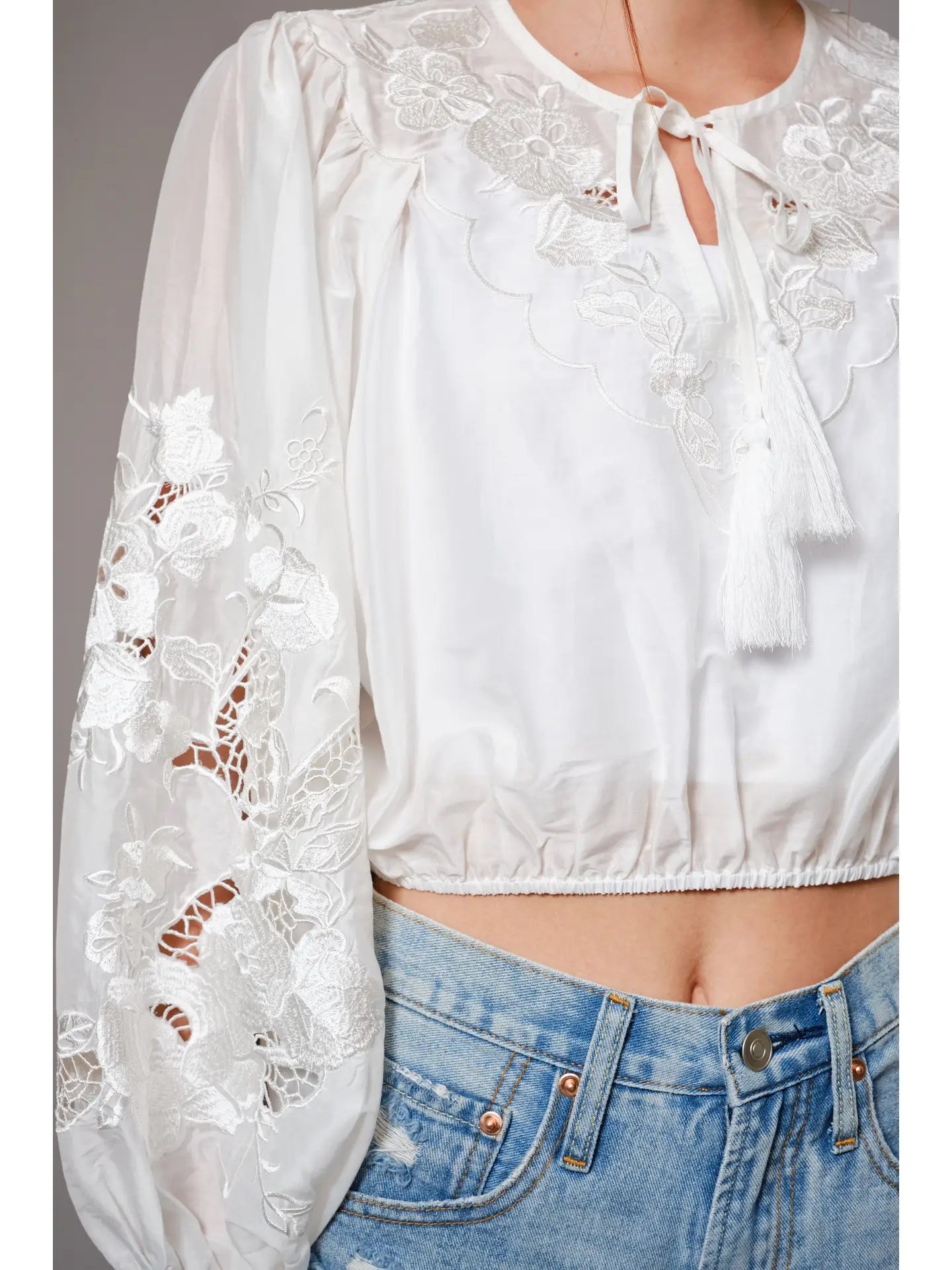 99469T LS Embroidered Cropped Blouse