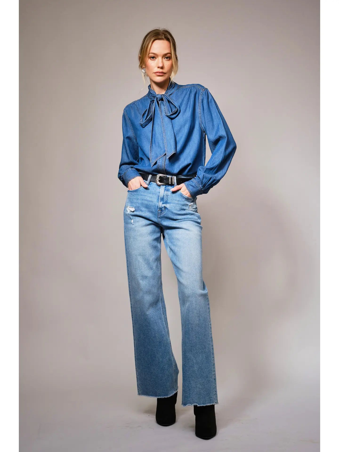 23612T Tie Neck Button Chambray Blouse