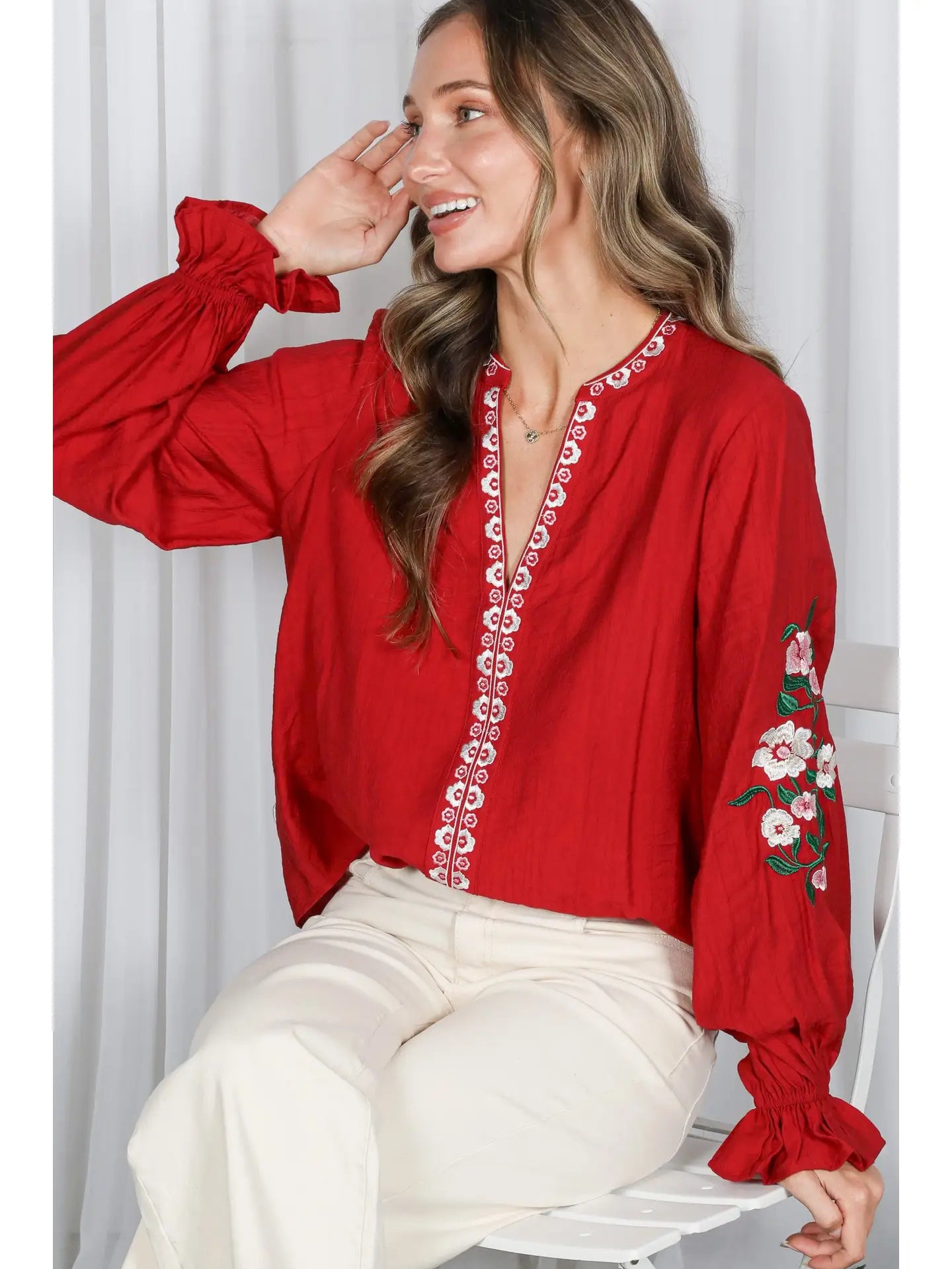 VT82505A Floral Embroidered Bohemian Top