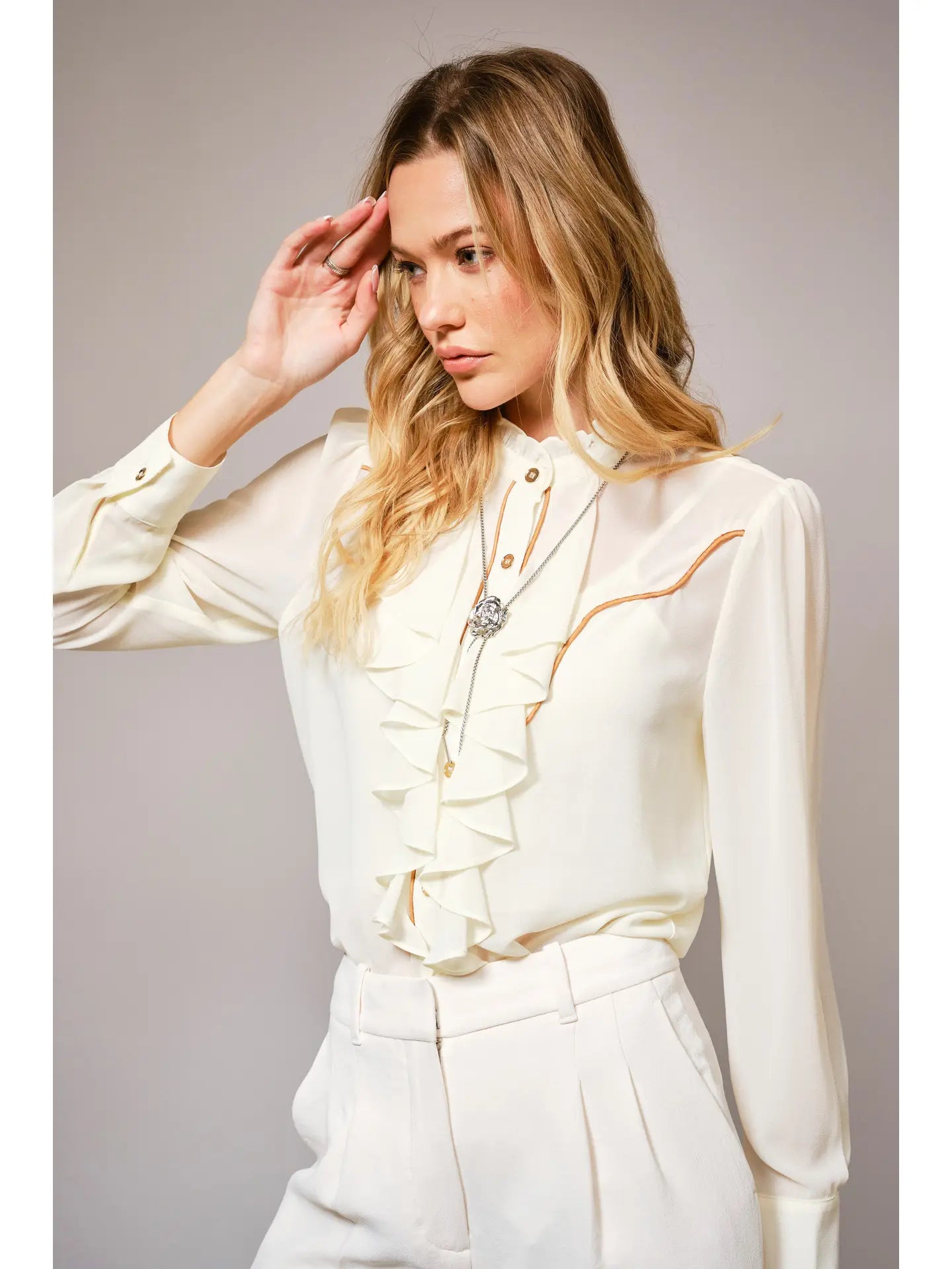 36872T Chelsea Ruffle Button Up Blouse