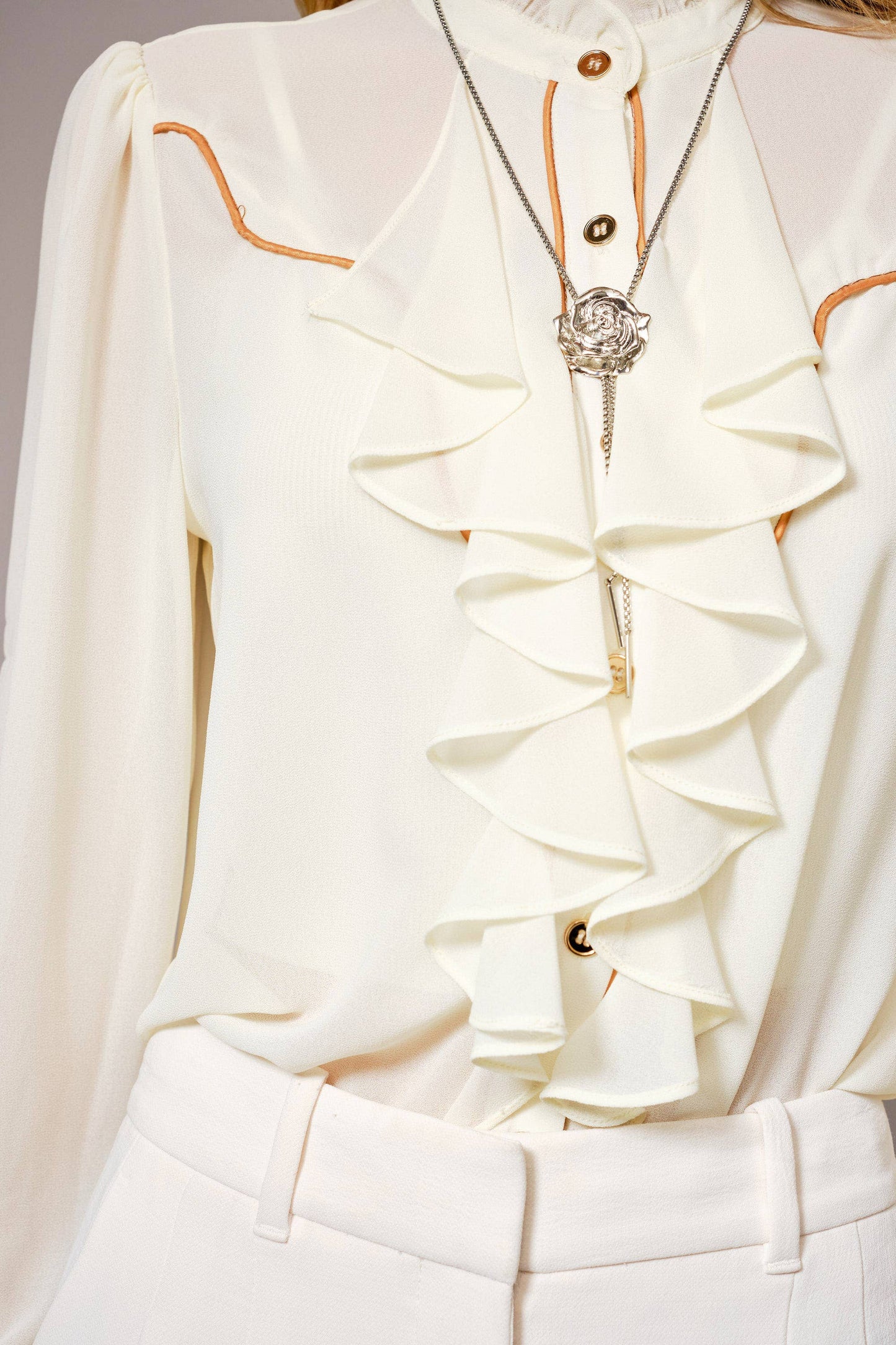 Chelsea Ruffle Front Button Up Blouse