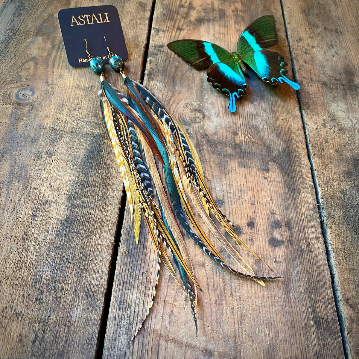 Turquoise & Long Feather Earrings - Cree Mix, Boho Western